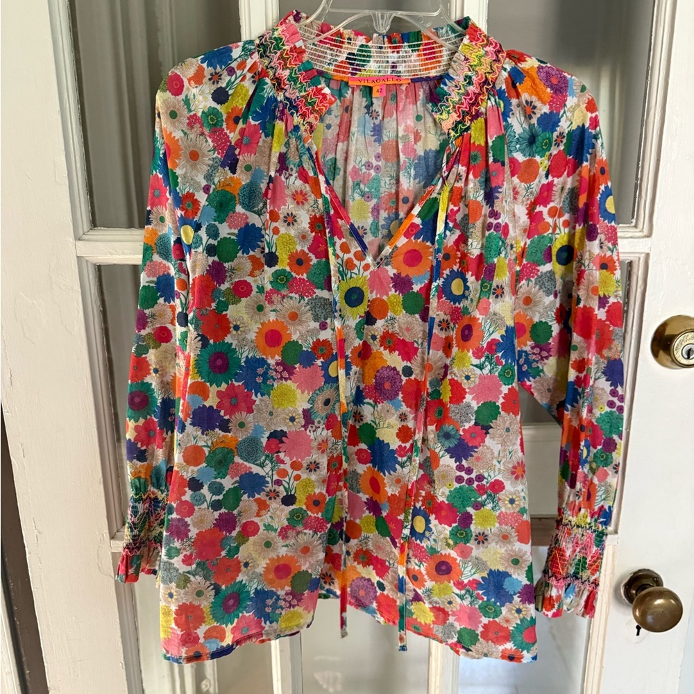 Vilagallo Colorful Floral Smock Embroidery Detail Blouse-42 Equivalent to a Med
